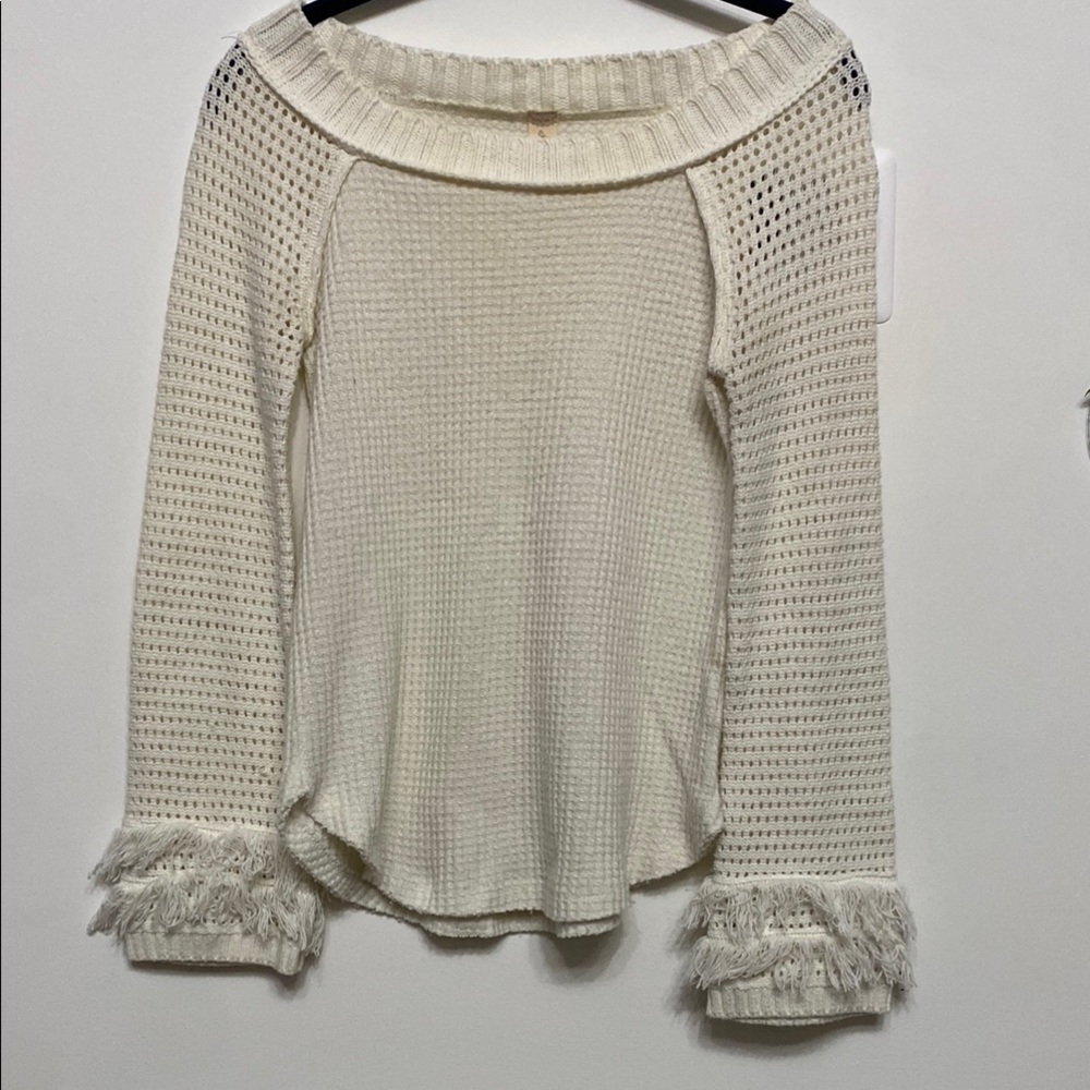 Altar’d State Cream Off-the-Shoulder Sweater with Cowl Neck and Ruffled Cuffs